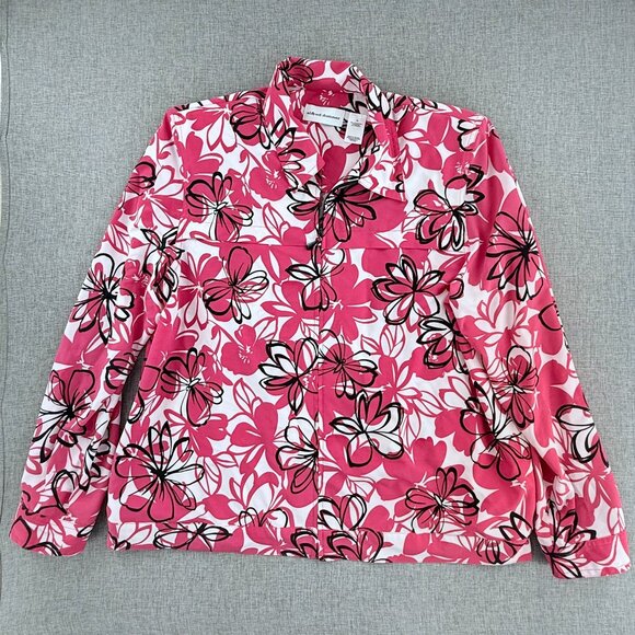Alfred Dunner Zipper Jacket lightweight Size 16 Pink White Black Floral Shoulder - Picture 1 of 14